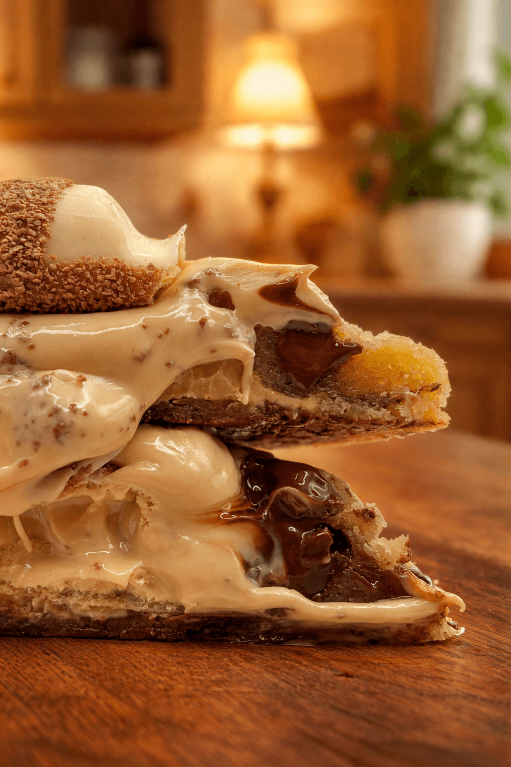 Caramel and chocolate filled cookie, cut in half