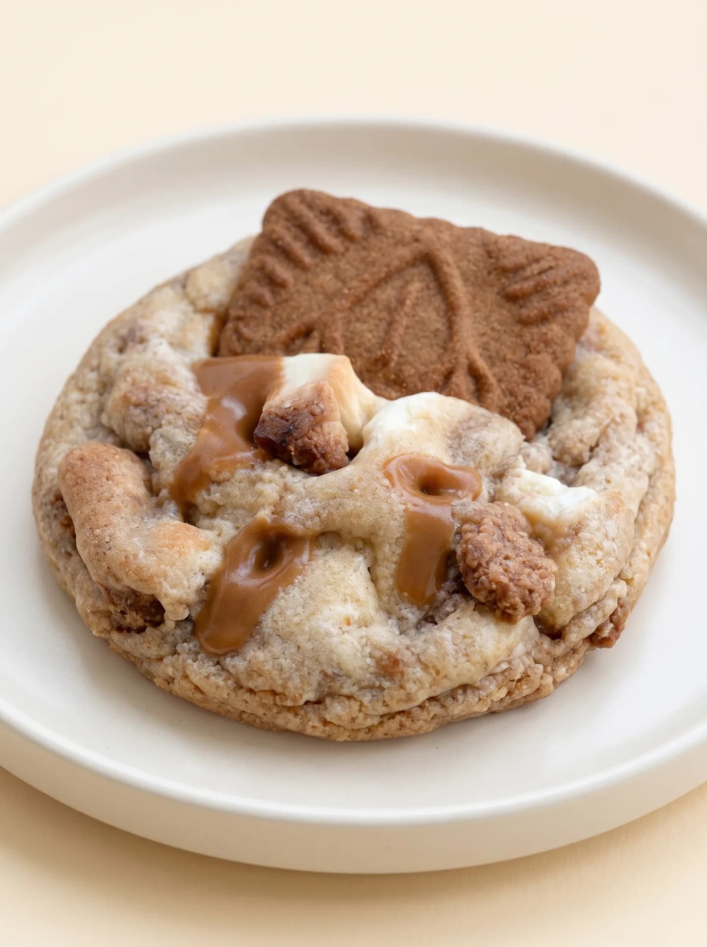 Cookie au spéculoos garni d’un biscuit et de caramel, sur une assiette